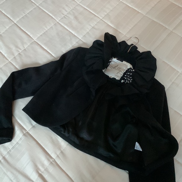 Milly 🖤New York Black Ruffle Collar Crop Cropped Wool Silk Jacket Coat Italy - Picture 10 of 16